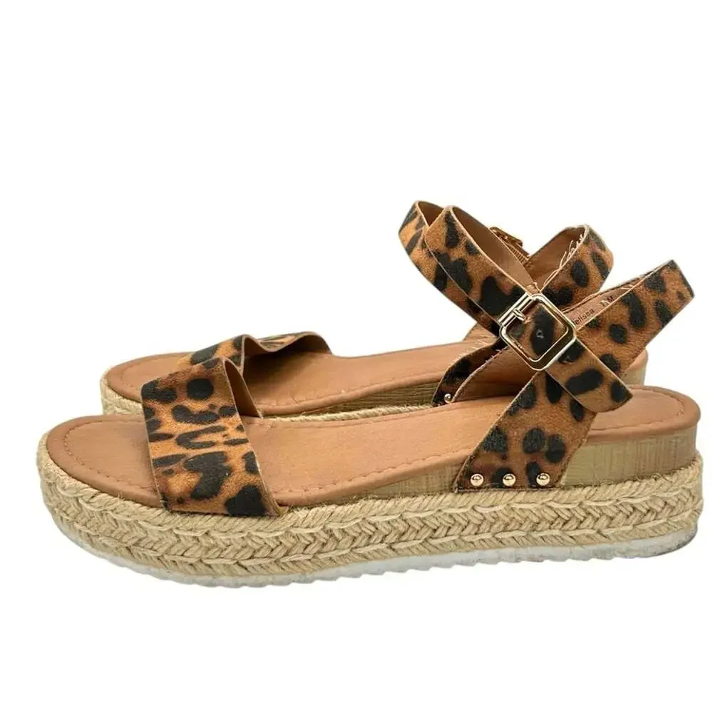 Cushionaire Leopard Print Espadrille Platform Sandals Ankle Strap Wedge Size 11M
